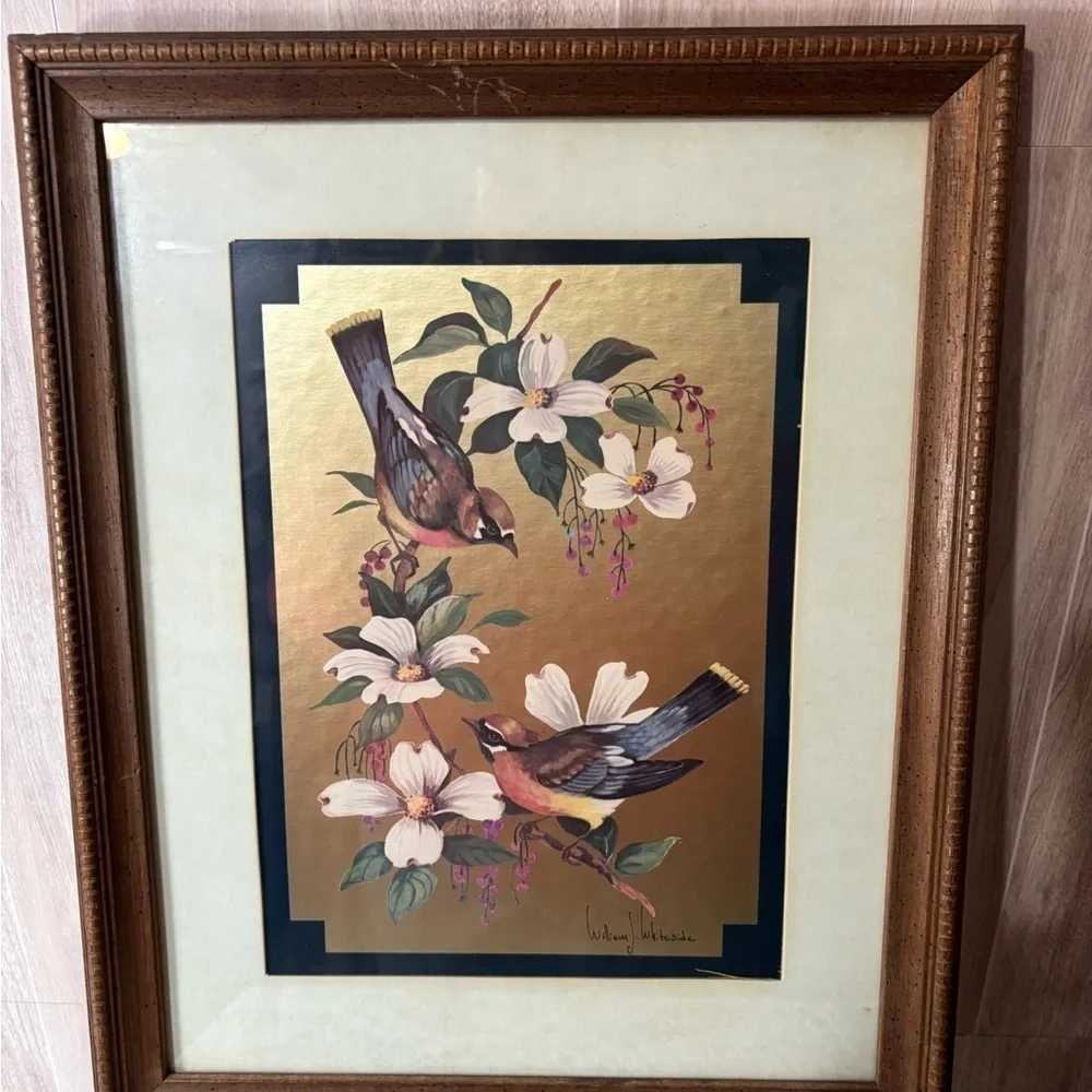Vintage Birds on Dogwood Wall Art Brown Frame William Whiteside